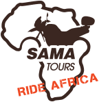 The logo for sama tours is a map of africa with a motorcycle on it.