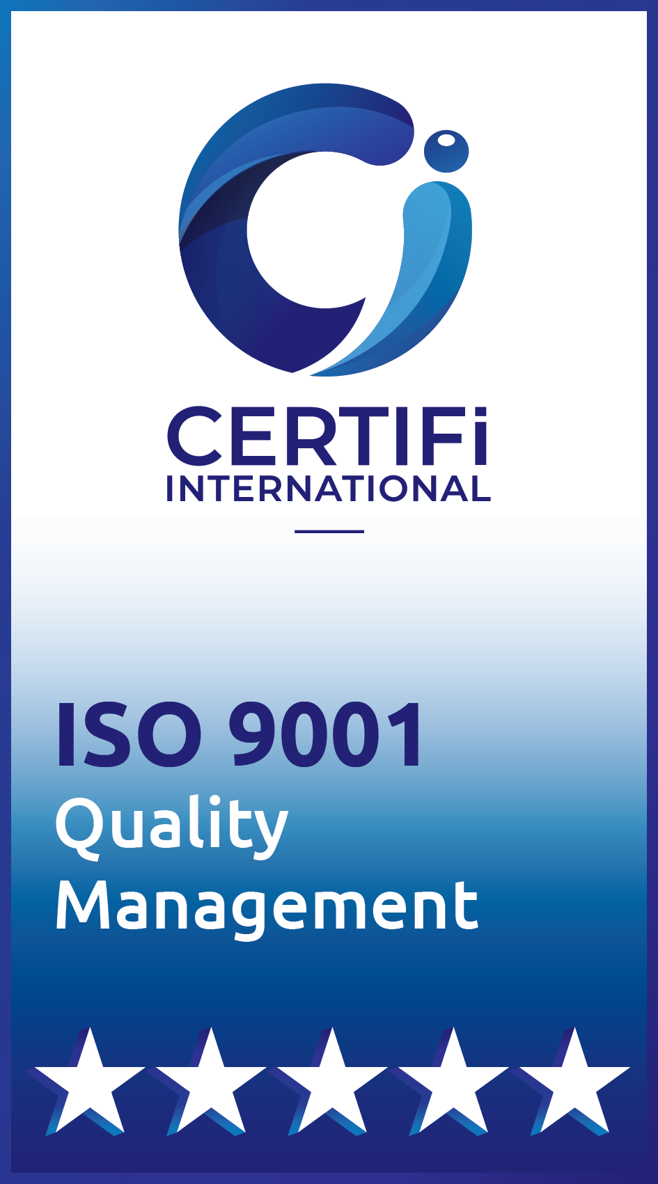 CERTIFI International ISO 9001 Quality Management badge with blue logo and five stars