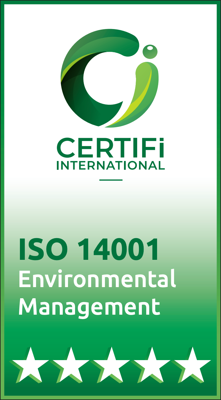 CERTIFI International ISO 14001 Environmental Management certification badge with green logo and five stars
