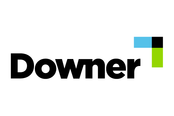 Downer logo in black with blue, black, and lime-green corner blocks