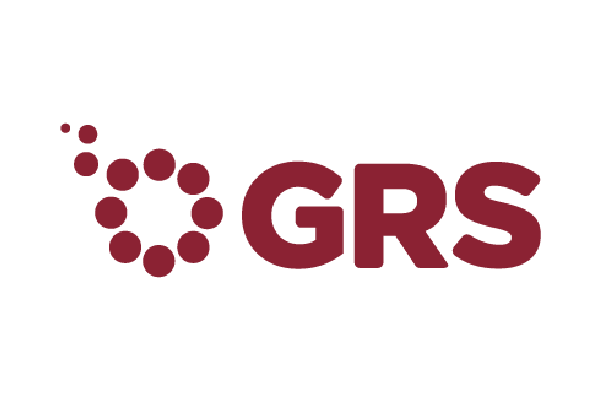 GRS logo in dark red with a dotted circular mark on a white background