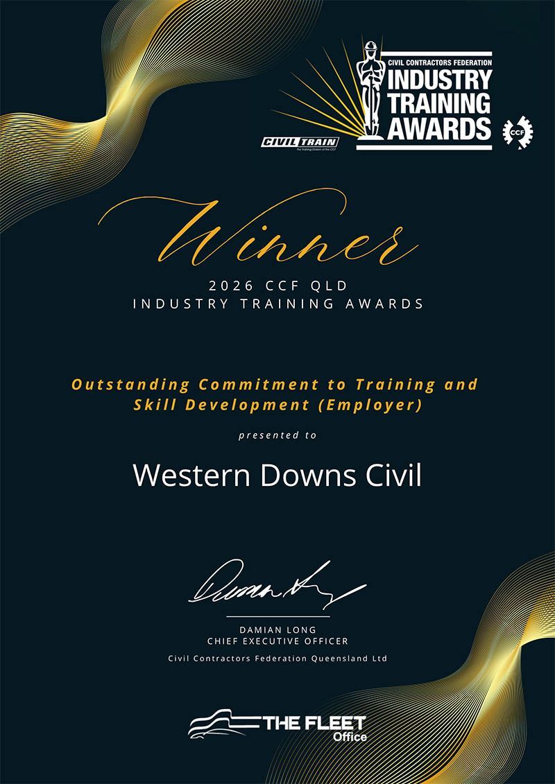 Industry Training Awards winner poster on dark blue with gold accents, featuring Western Downs Civil.