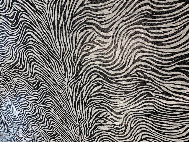 Primo piano di un tessuto con stampa zebrata in bianco e nero.