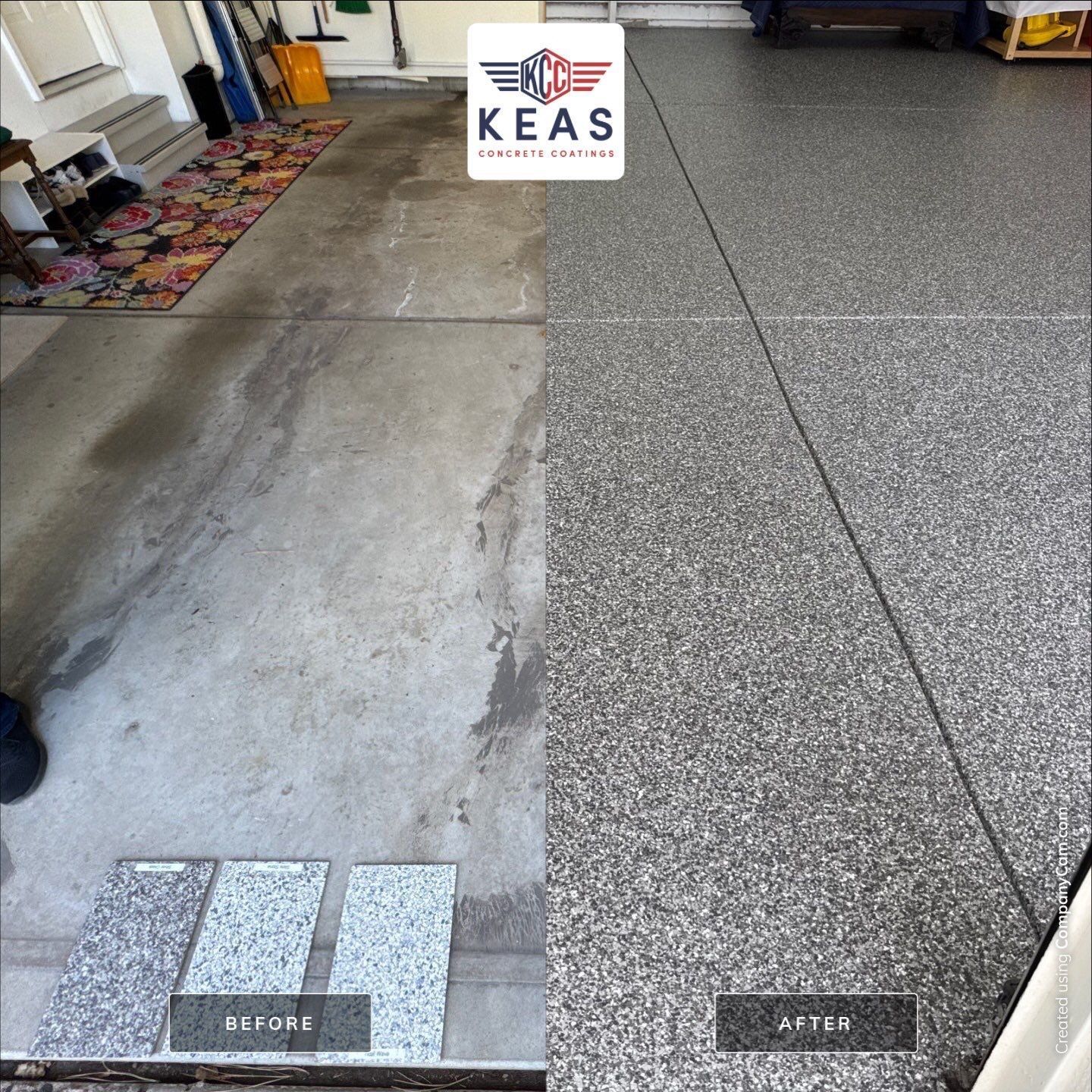 Residential garage floor with stained concrete before-and-after sections and a KEAS logo at top.