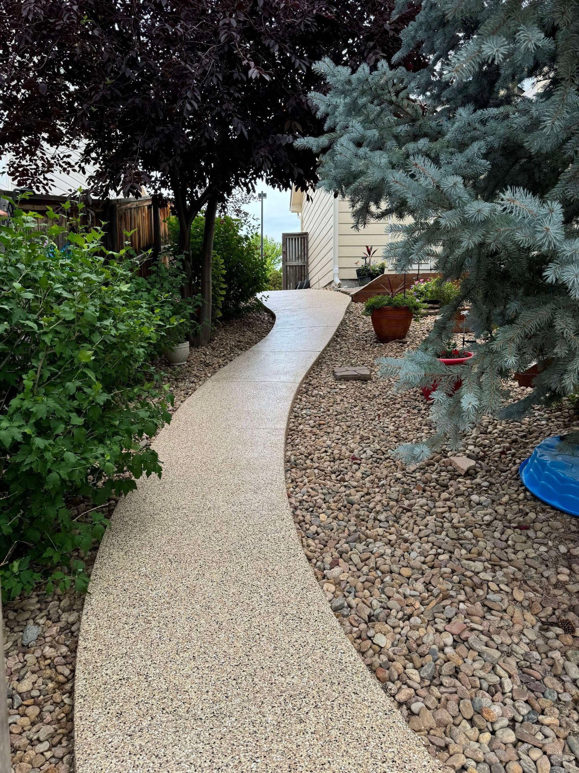 Curved pebble path through a garden toward a building entrance, bordered by shrubs and trees