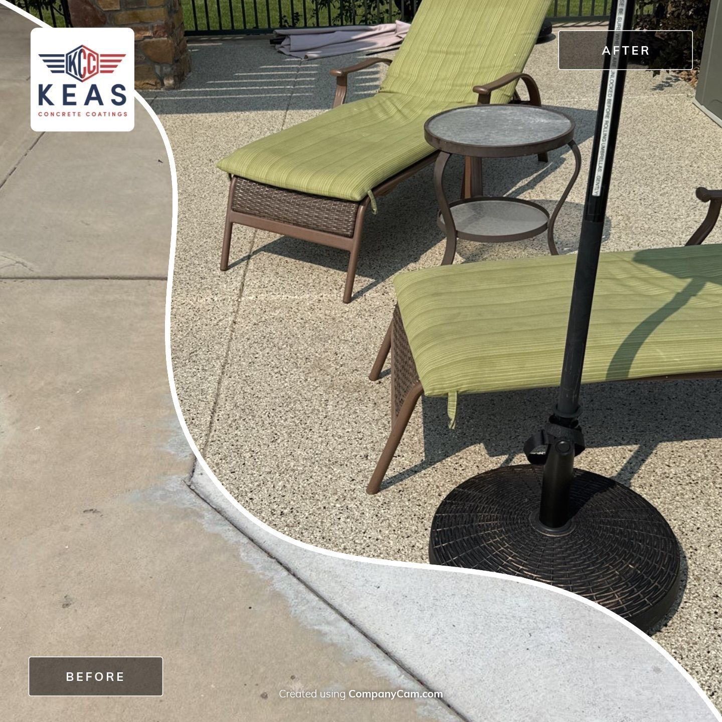 Outdoor patio with green loungers, round table, and umbrella base on concrete beside gravel seating area