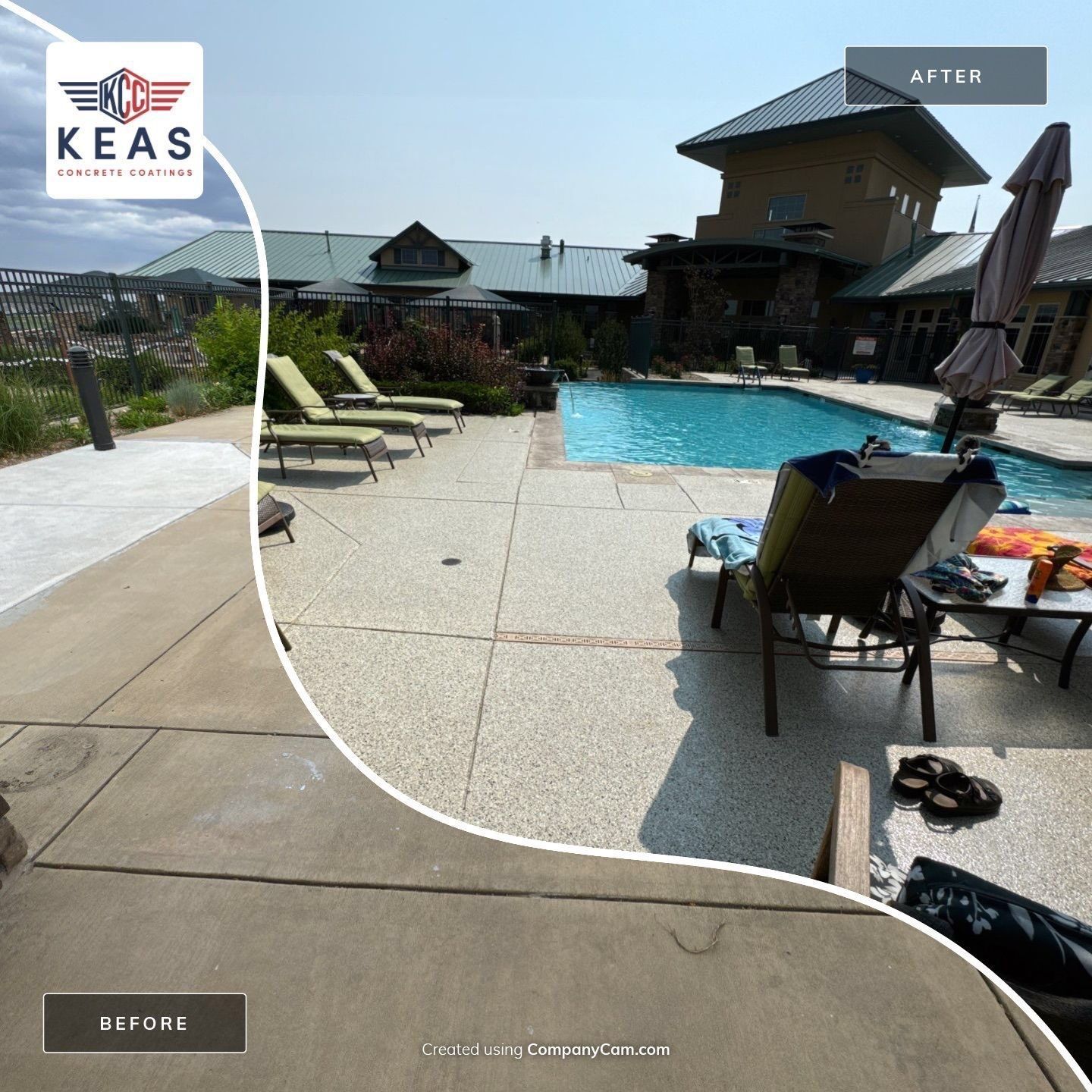 Resort pool with lounge chairs and a wooden building under a clear sky; KEAS logo in the corner