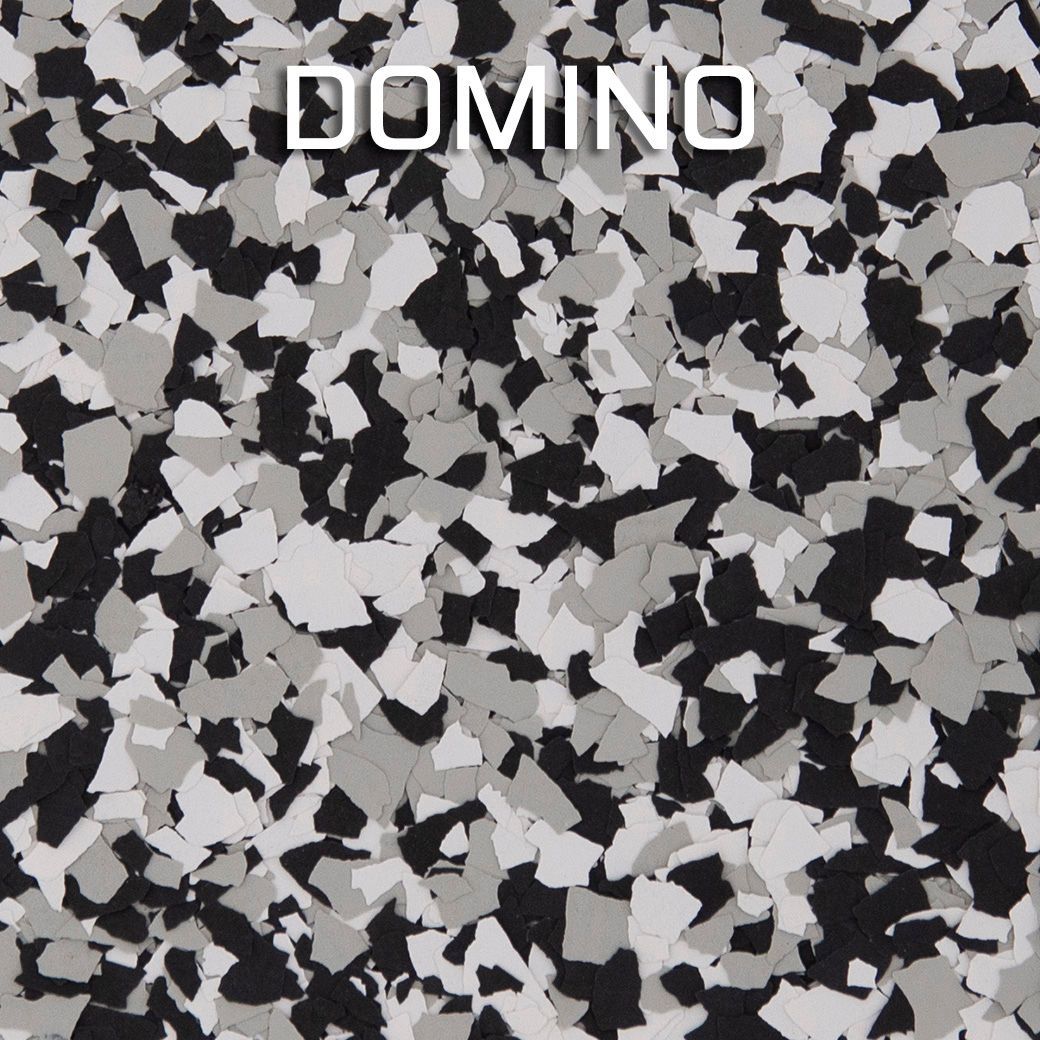 Black, white, and gray confetti pattern with the word “DOMINO” at the top.