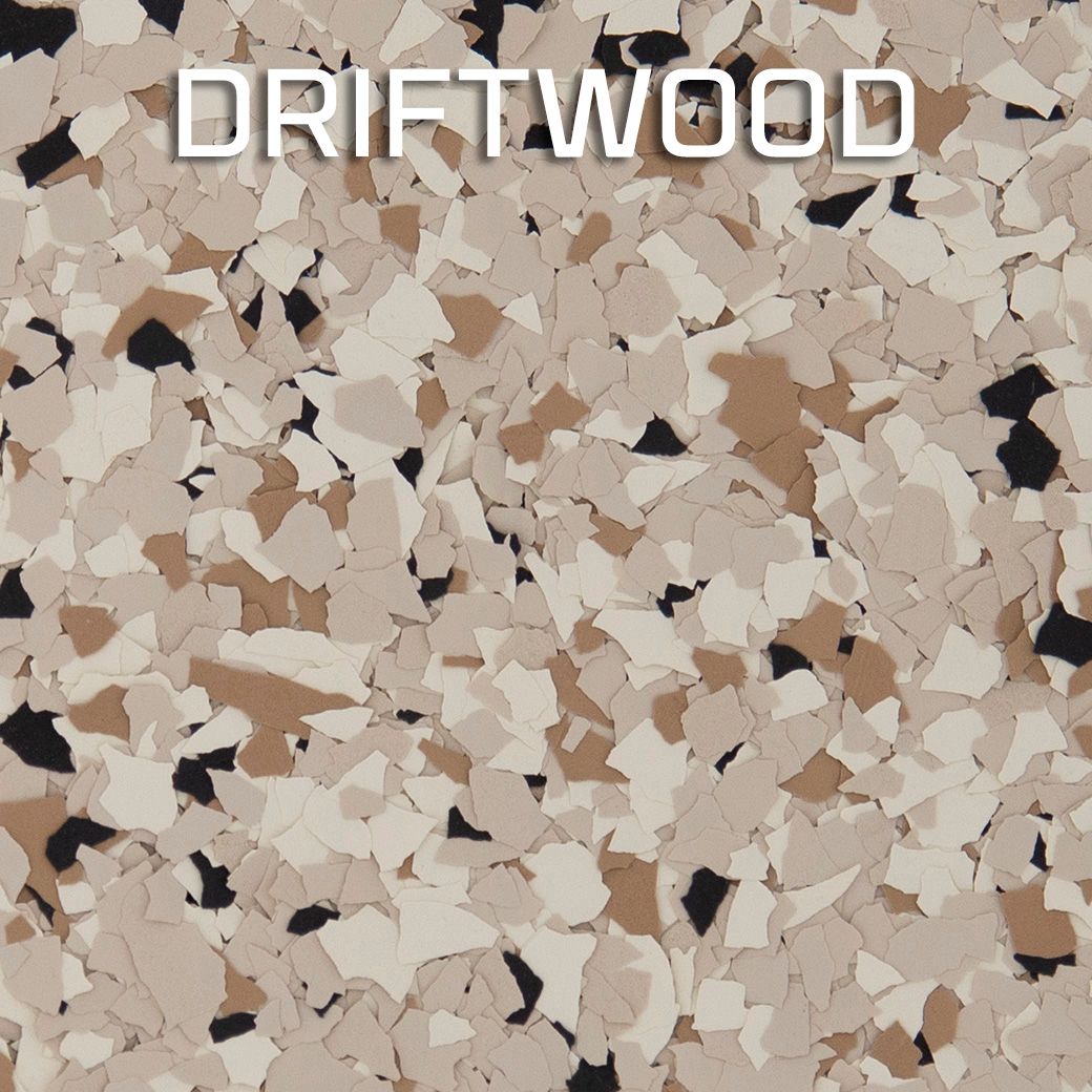 Driftwood logo over a beige and tan speckled stone or terrazzo background