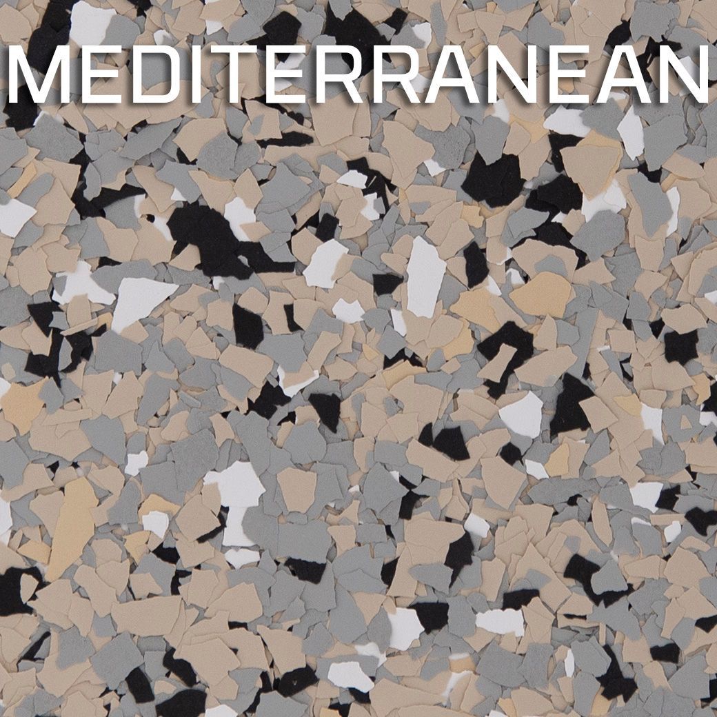 “MEDITERRANEAN” text over a mottled beige, gray, and black stone-like pattern