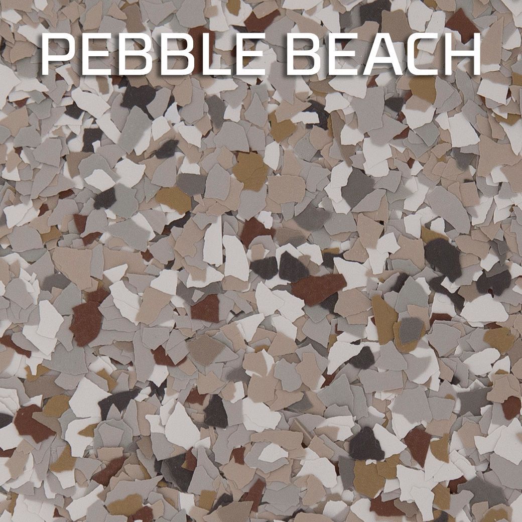 Pebble beach close-up with the words “PEBBLE BEACH” overlaid at the top.