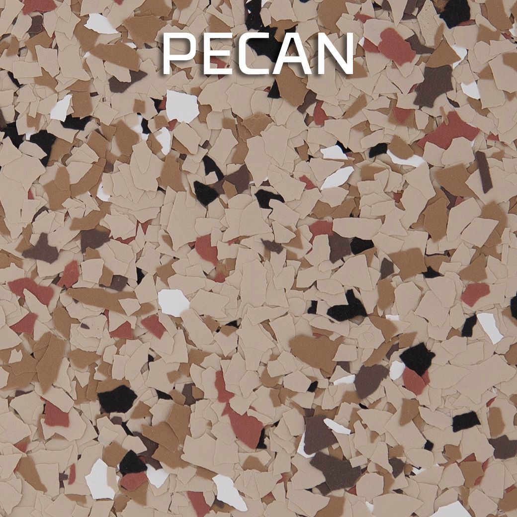Pecan-colored speckled terrazzo pattern with the word “PECAN” at the top