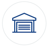 Blue outline of a garage or warehouse icon inside a light gray circle
