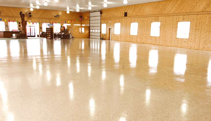 Empty polished ballroom with wood-paneled walls, bright windows, and a glossy floor