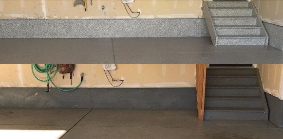 Under-stair area with exposed wiring, a gray ledge, and a small staircase on the right