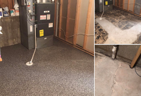 Basement utility area with water damage and patchy concrete floor beside furnace and framing.