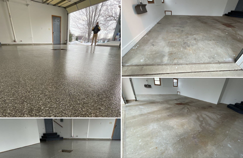 Empty garage floor with speckled epoxy coating and concrete before-and-after views