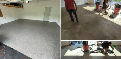 Garage floor coated with gray epoxy; workers use tools and hoses on the right side.