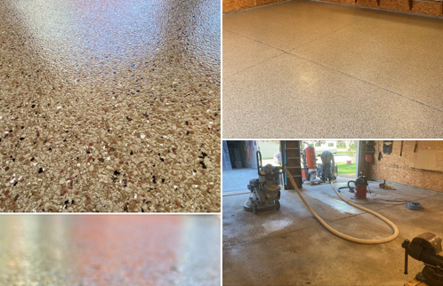 Collage of polished concrete floor finishes and a floor grinder in a workshop