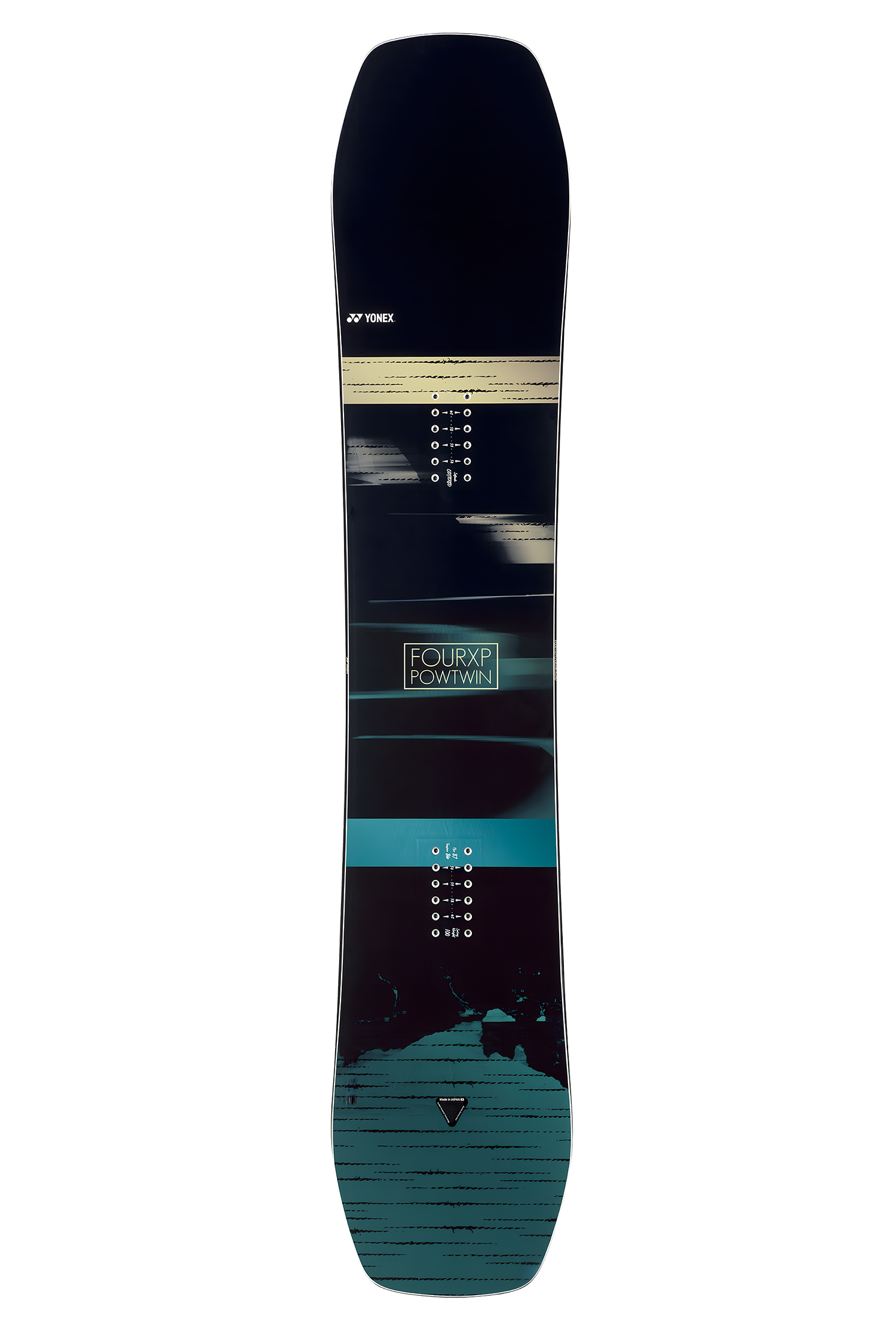 Snowboard mit dunkelblauem und türkisfarbenem Design.