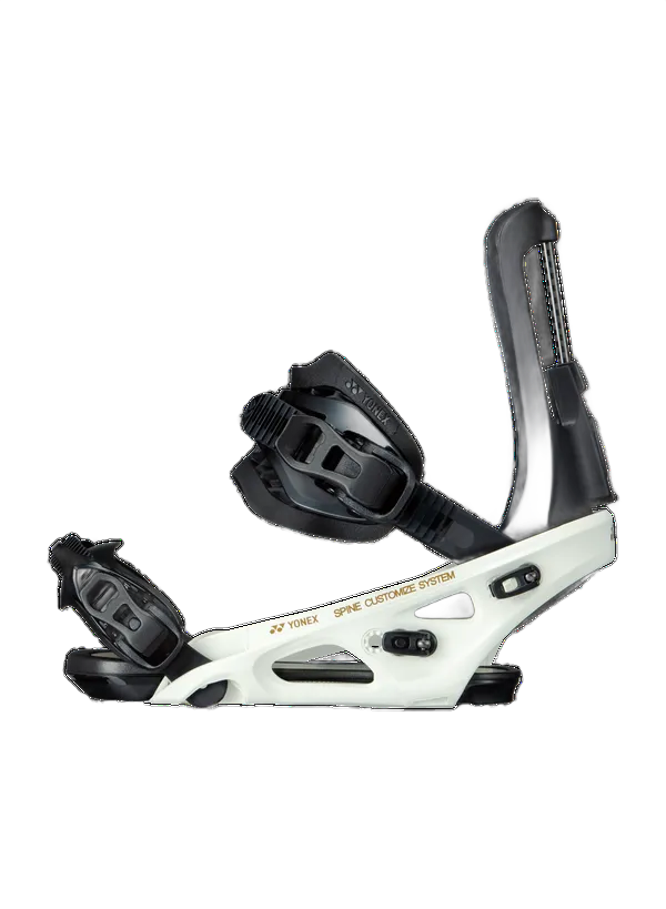 Weiße und schwarze Snowboardbindung mit zwei verstellbaren Riemen.