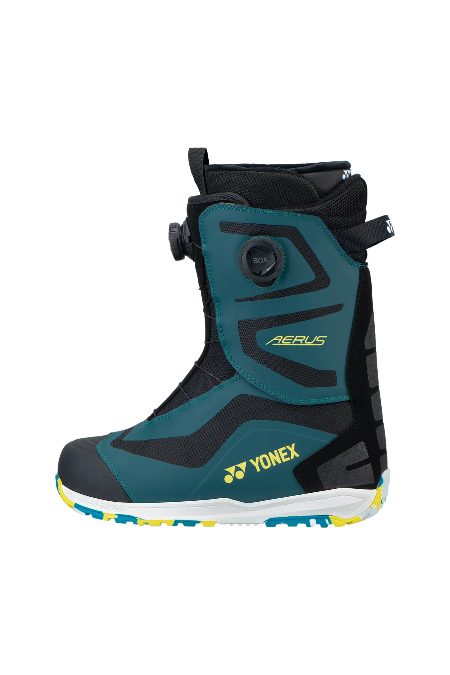 Türkis-schwarzer Yonex Snowboardschuh mit BOA-Verschlusssystem und gelben Akzenten.
