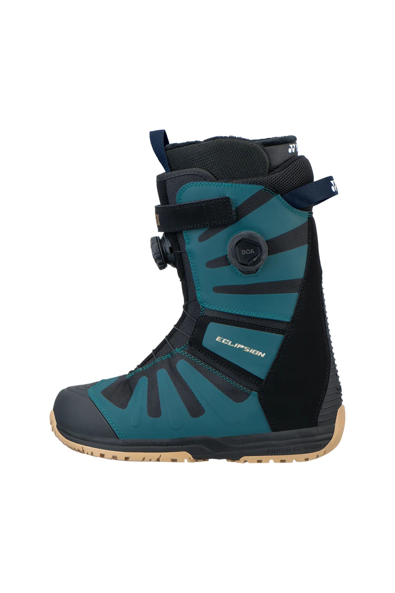 Türkis-schwarzer Snowboardstiefel mit brauner Sohle, Seitenansicht.