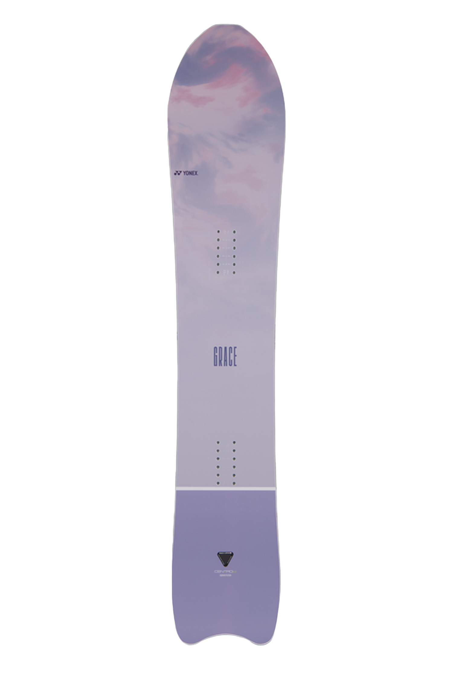 Snowboard mit lila-wolkenartigem Design, Ansicht von oben.