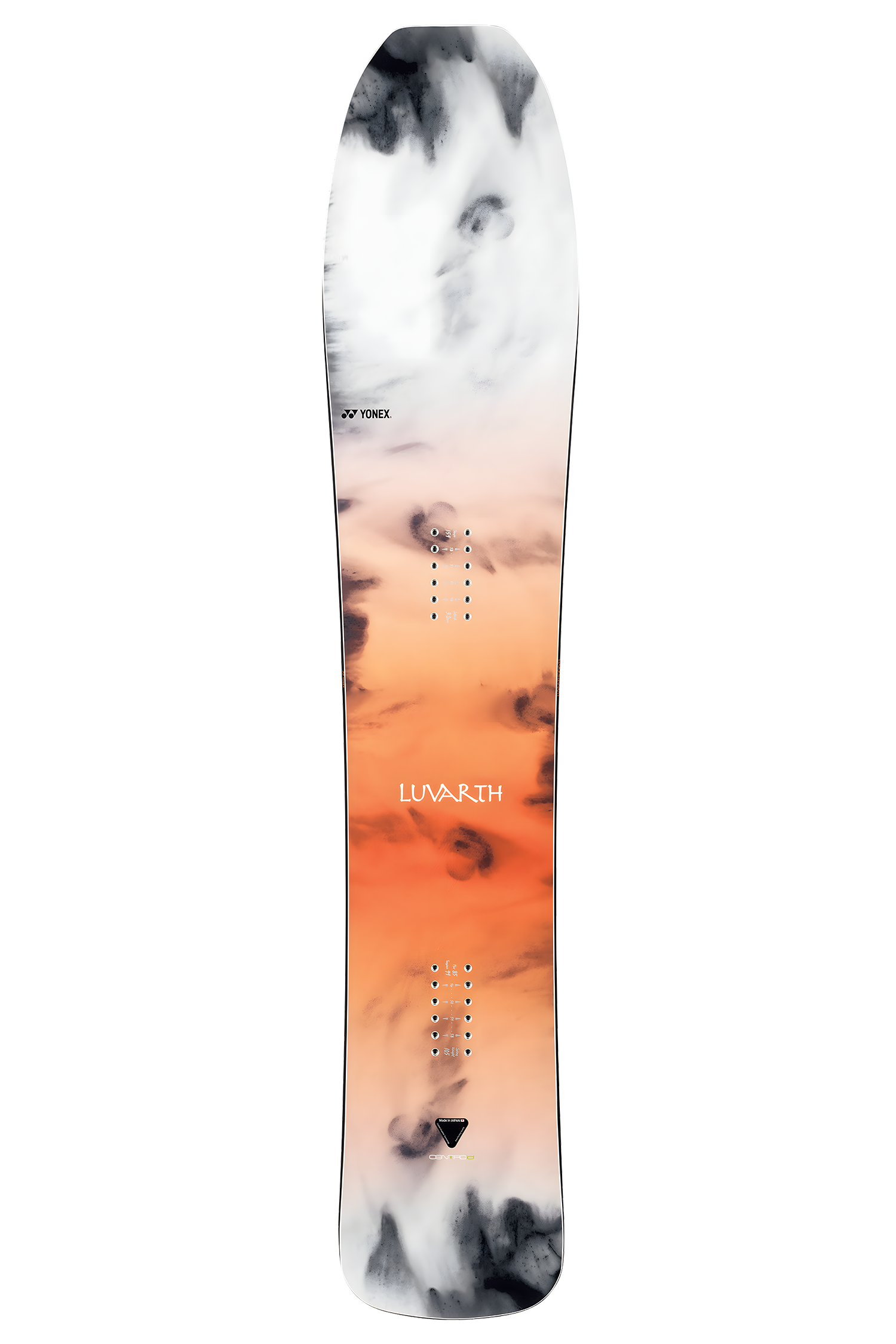 Snowboard mit weißem, orangem und schwarzem Aquarellmuster.