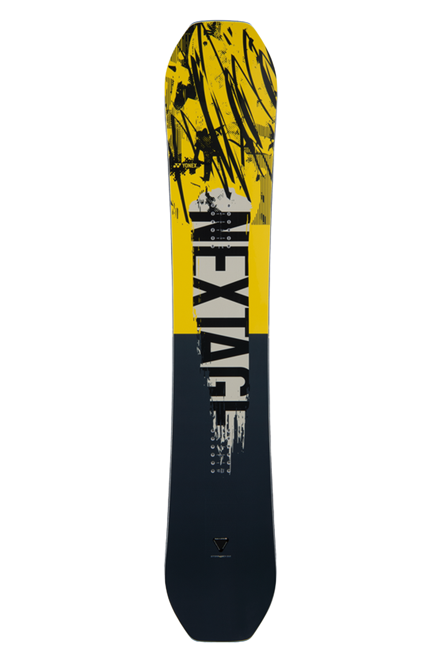 Snowboard mit gelb-schwarzem Design und dunkelblauem Belag. Der Schriftzug „NEXTAGE“ ist sichtbar.