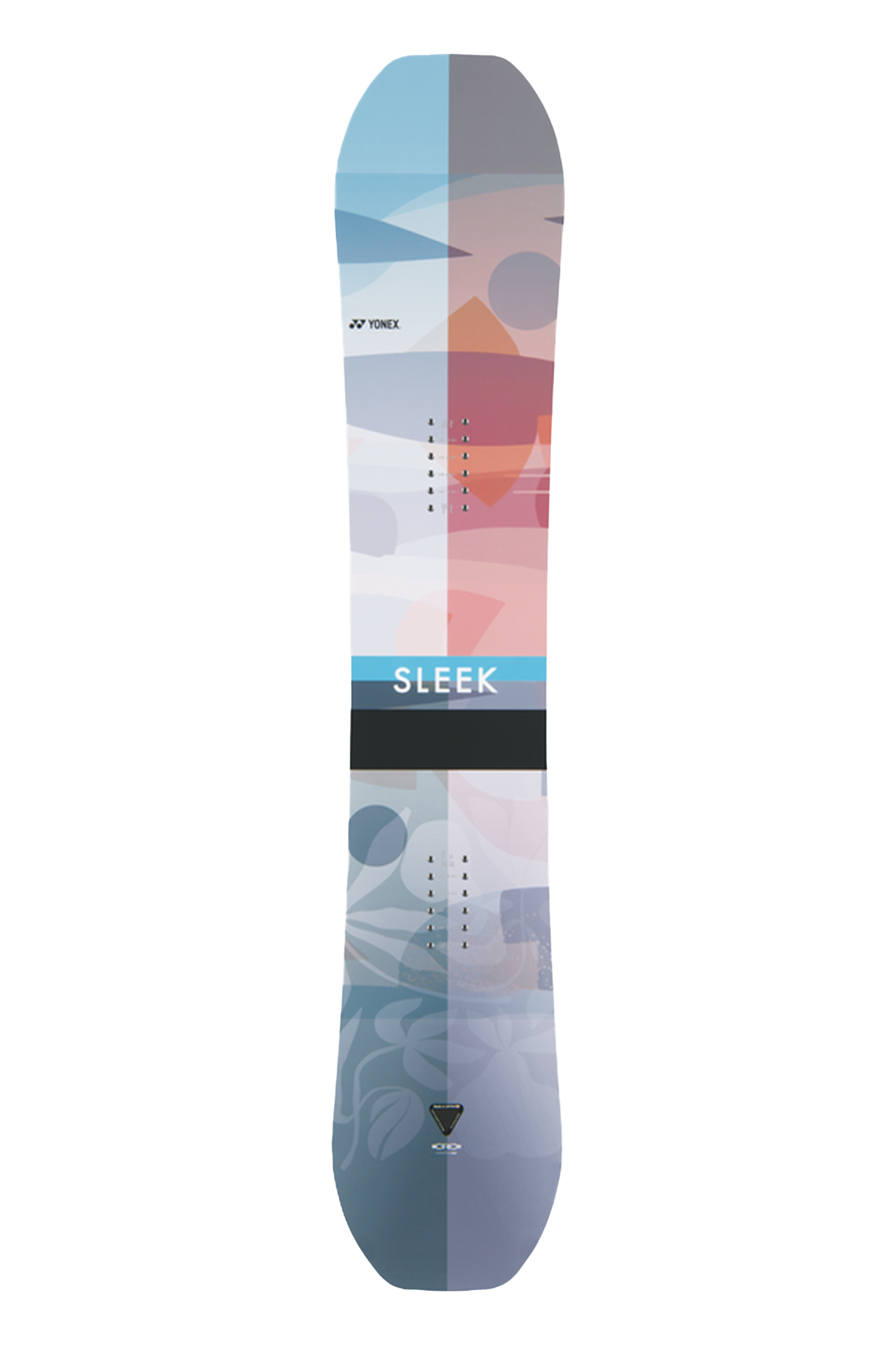 Snowboard mit geometrischem Design, bestehend aus blauen, rosa und weißen Farbblöcken und dem Wort „SLEEK“.