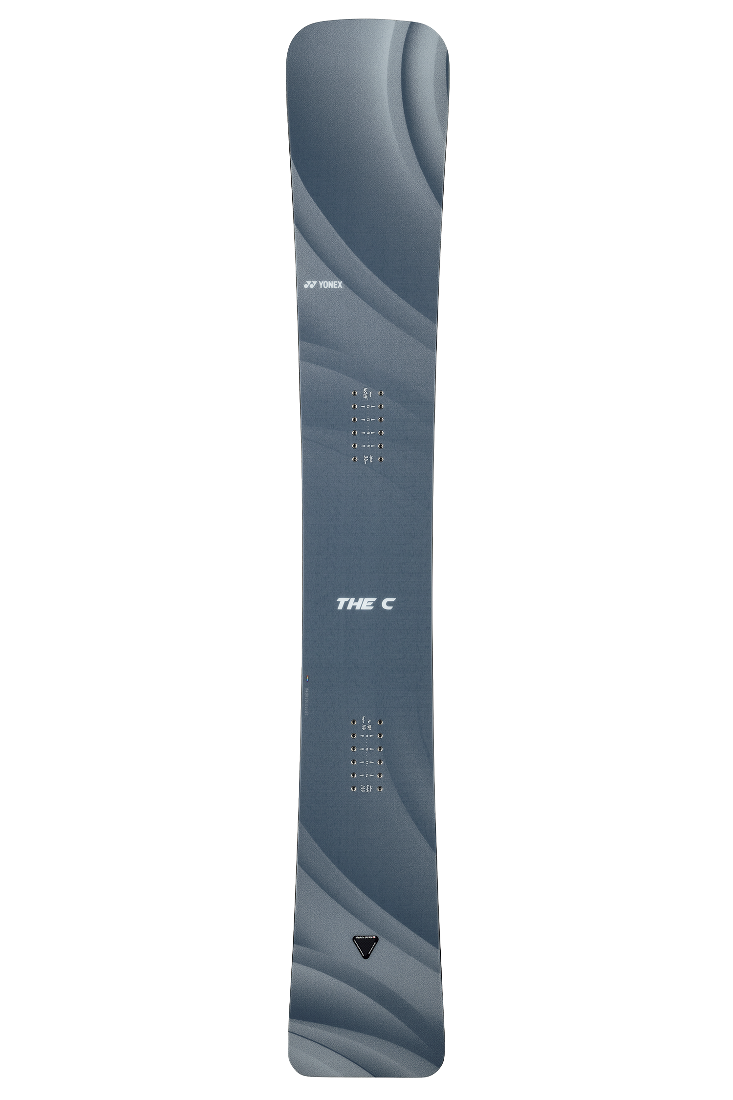 Blaues und graues Snowboard mit Wellenmuster und dem Schriftzug „THE C“.