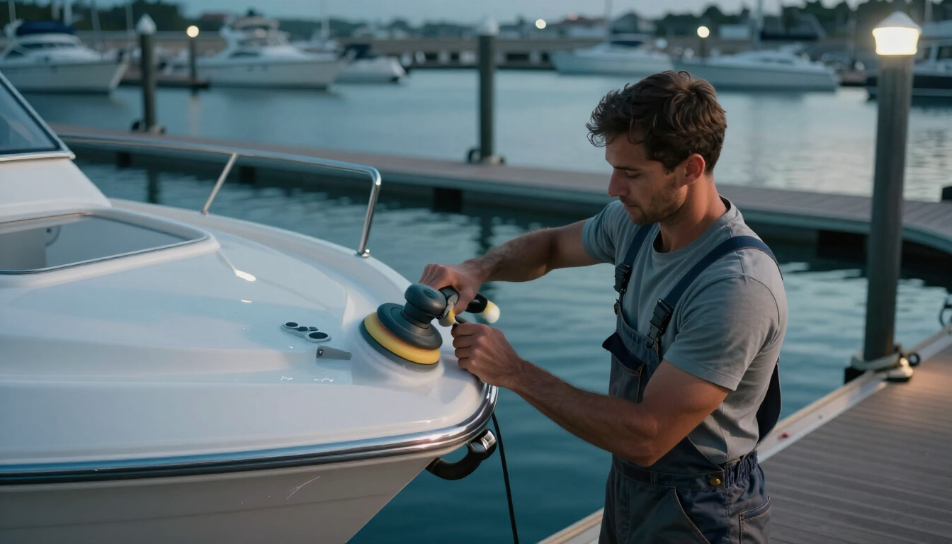 Man polishing the bow of a white yacht at a marina at dusk