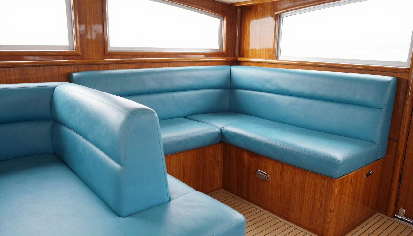 Blue leather bench seating in a wood-paneled boat cabin with corner windows