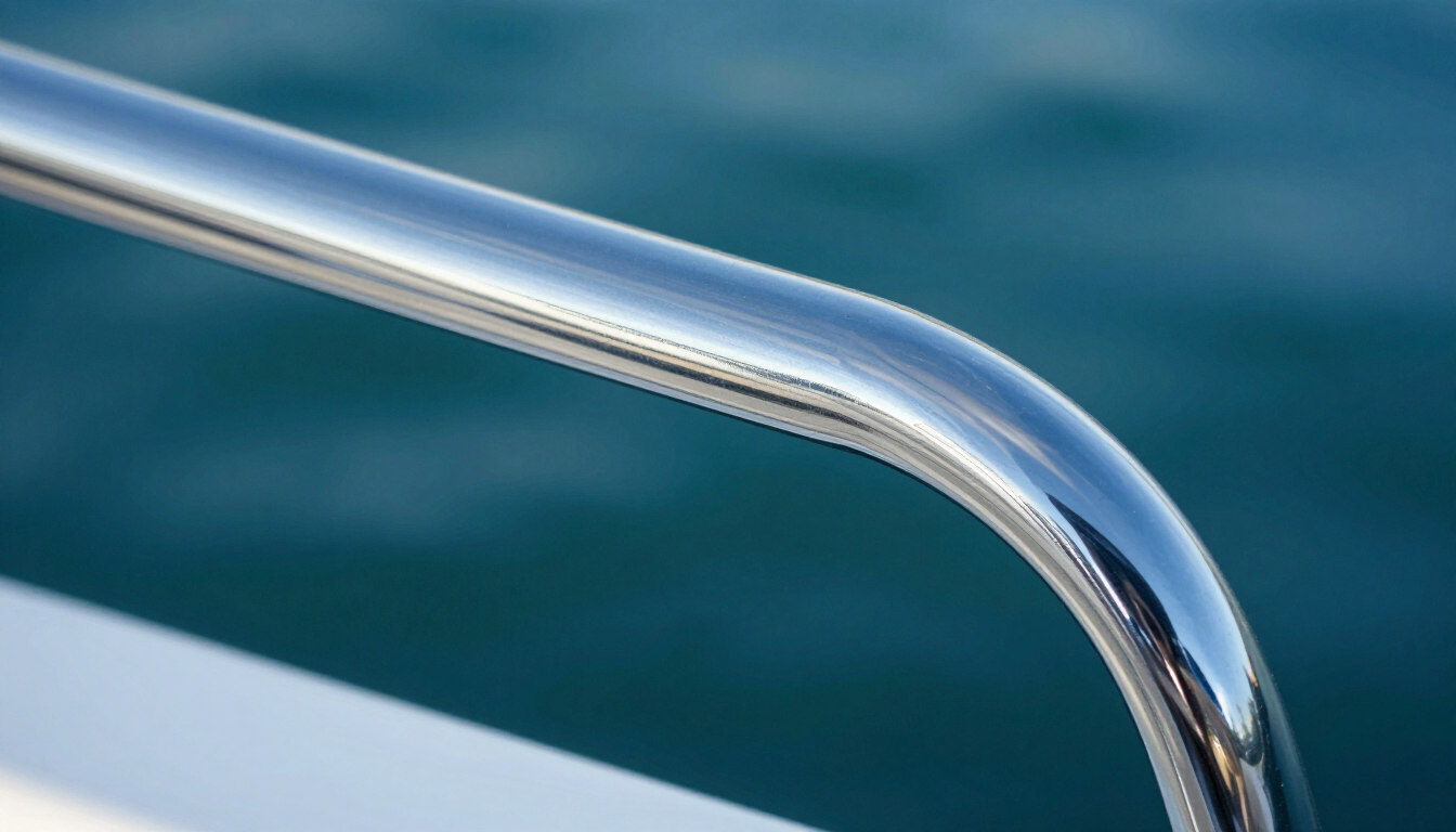 Chrome boat railing against blue water background