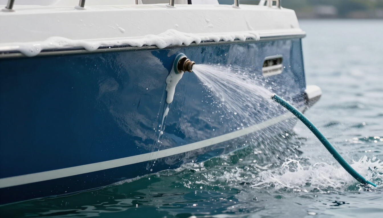 Blue boat hull with a hose spraying water into the sea
