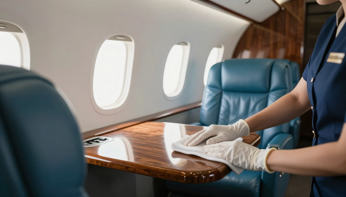 Detailer wiping down a polished wooden table inside a boat cabin