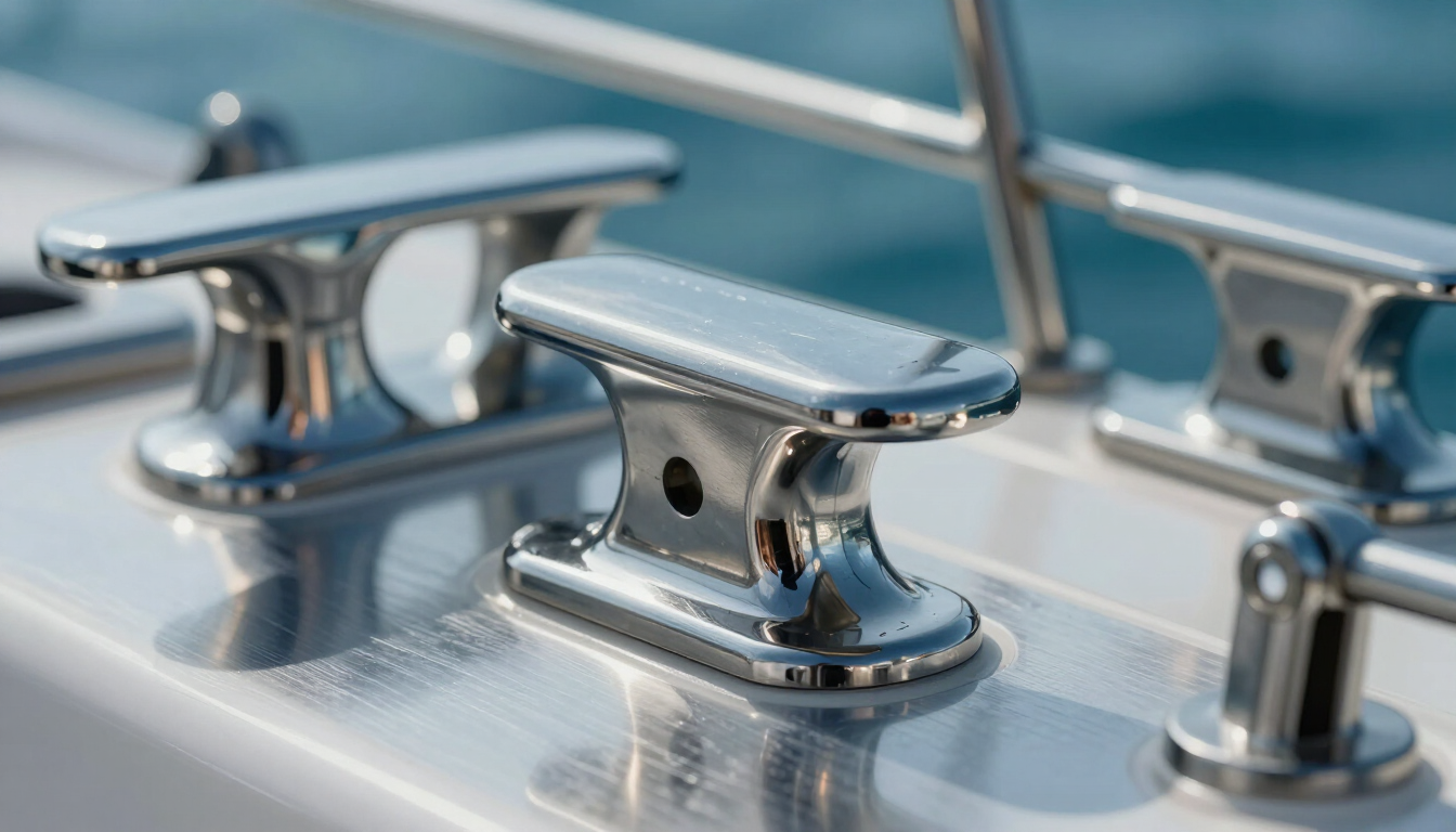 Close-up of shiny metal dock cleats on a polished boat deck
