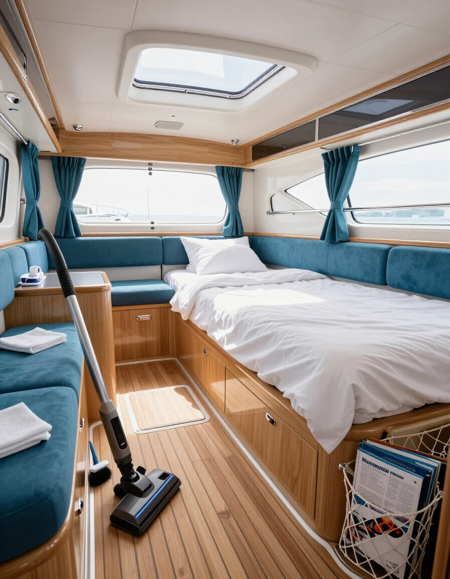 Compact boat cabin with twin beds, teal seating, wood trim, and a skylight.