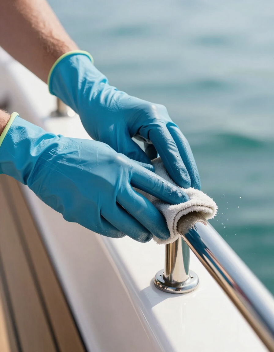 Blue-gloved hands cleaning a boat railing with a cloth by the water