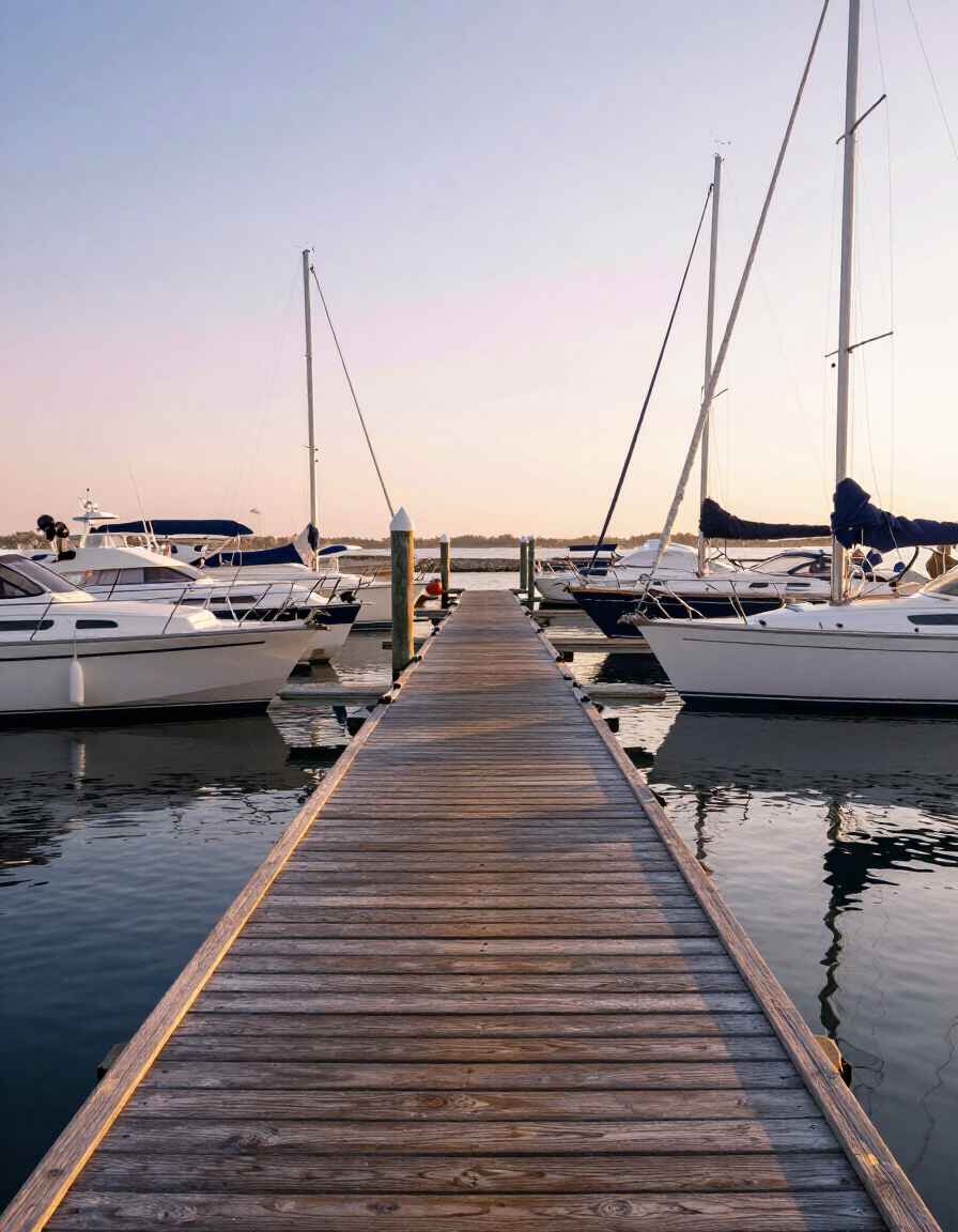 Wooden dock lined with sailboats at dusk, reflecting on calm marina water.