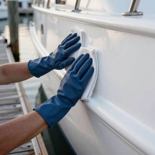 Blue-gloved hands polishing a white boat hull with a cloth on a dock