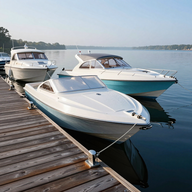 Three white motorboats tied to a wooden dock on a calm lake at sunrise