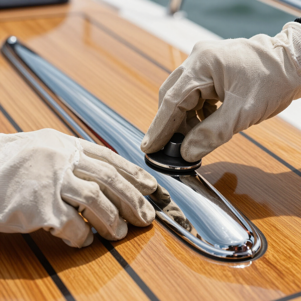 Gloved hands polishing a wooden boat deck with a chrome fitting