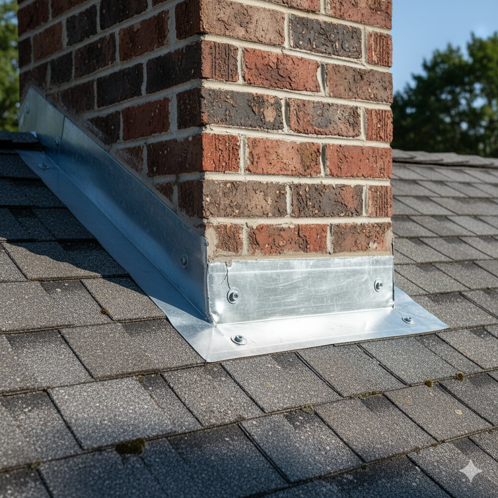 Aluminum chimney flashing on asphalt shingle roof preventing water leaks