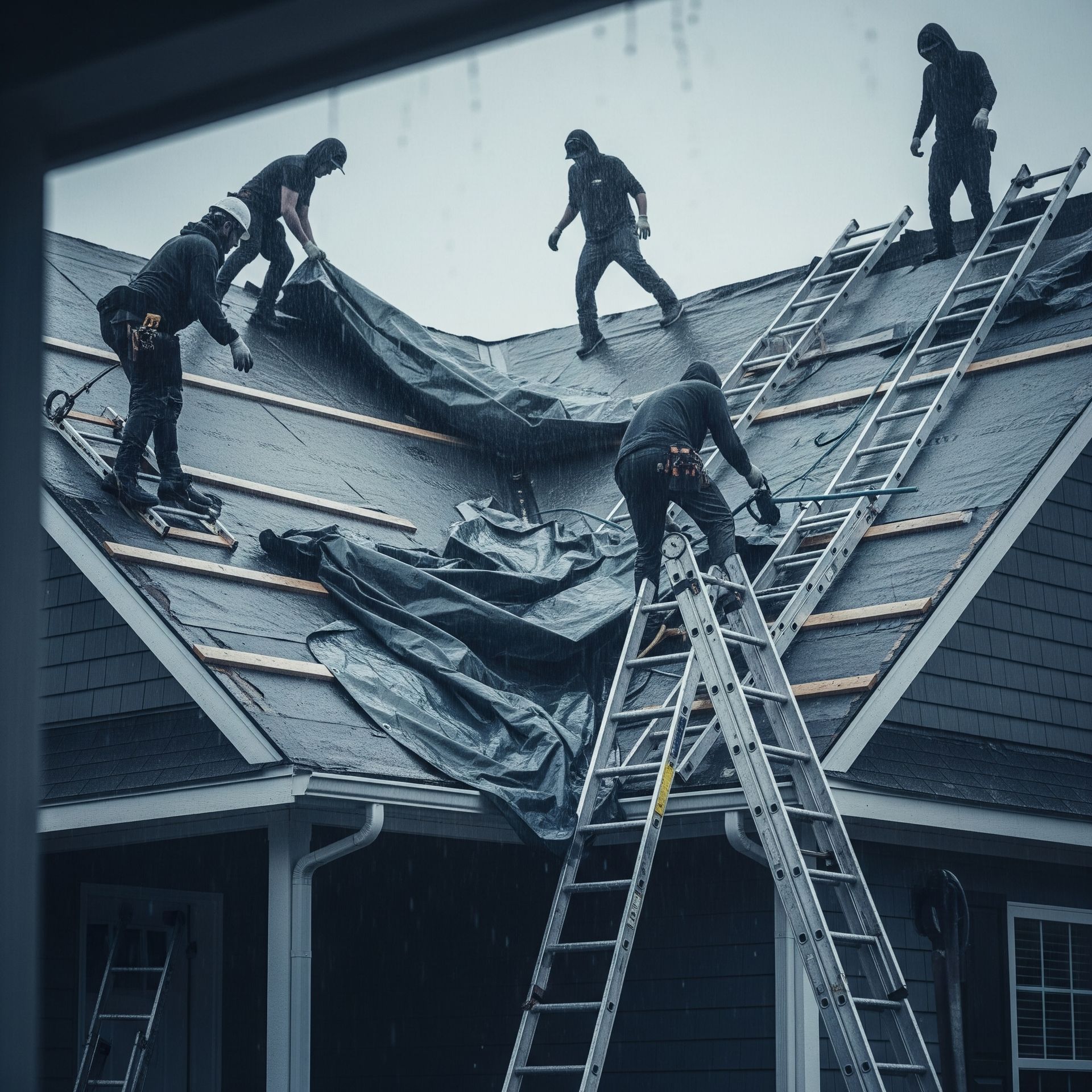 A group of people are working on the roof of a house surrounded by trees.