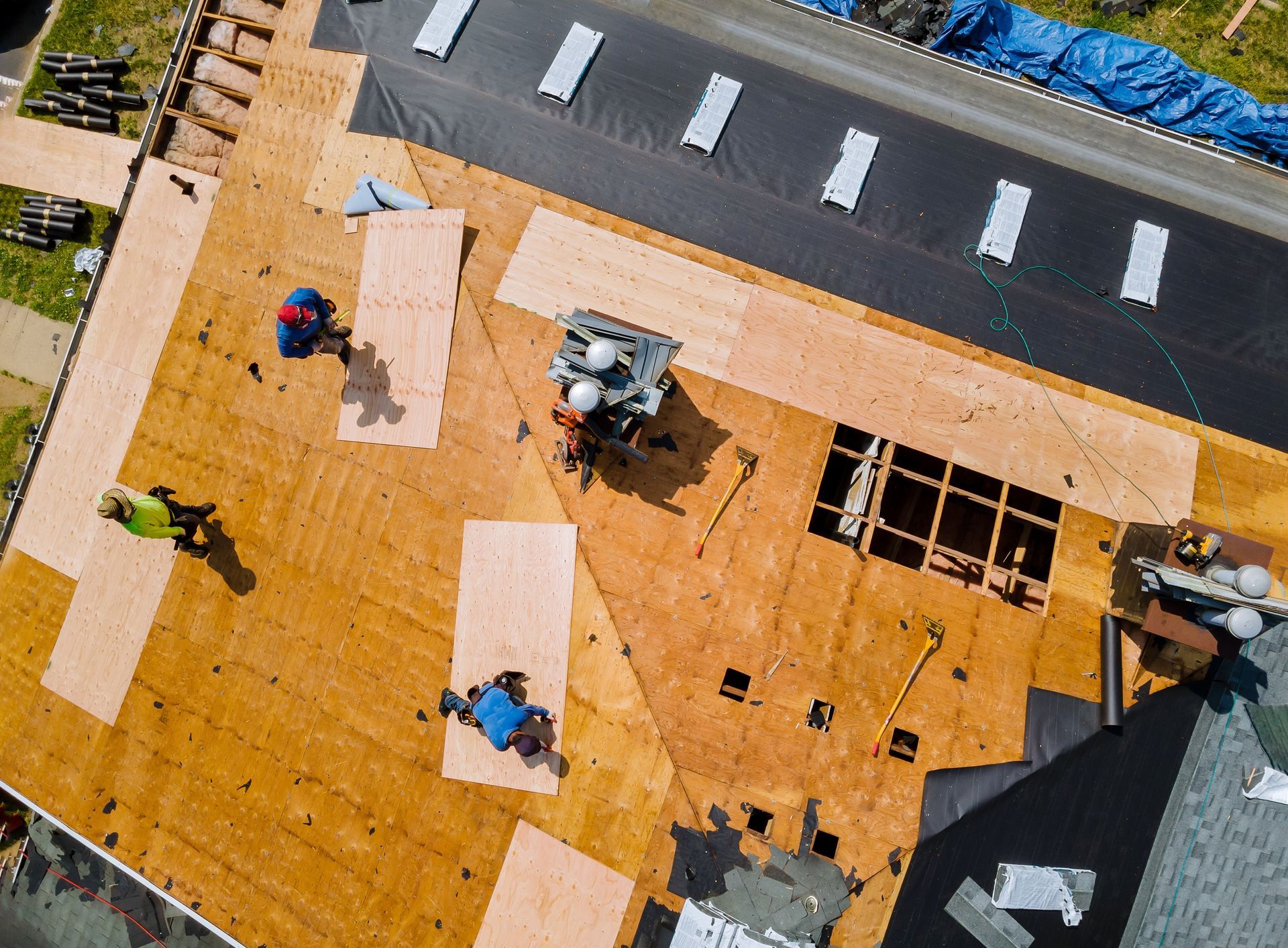 An aerial view of a roof under construction.