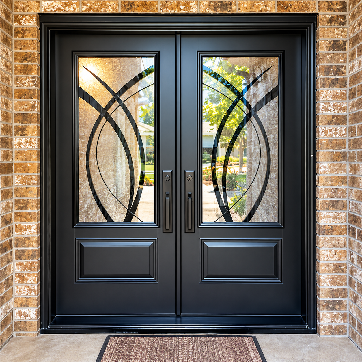 Black double front doors with frosted glass and decorative black metal accents on a brick entryway