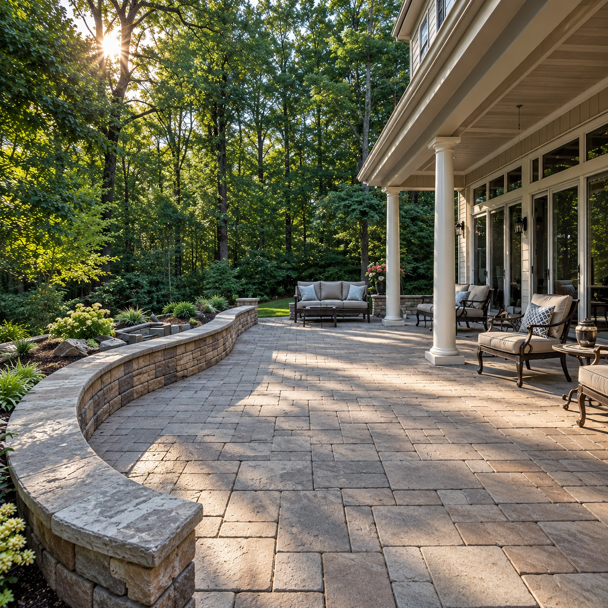 Stone patio with curved retaining wall beside a house, surrounded by trees and outdoor seating