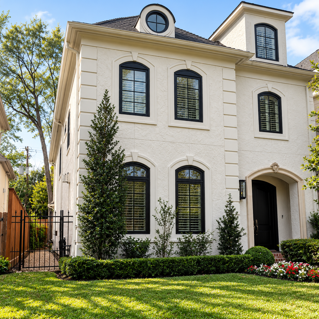 White two-story stucco house with arched windows, black roof, and manicured lawn and flowers